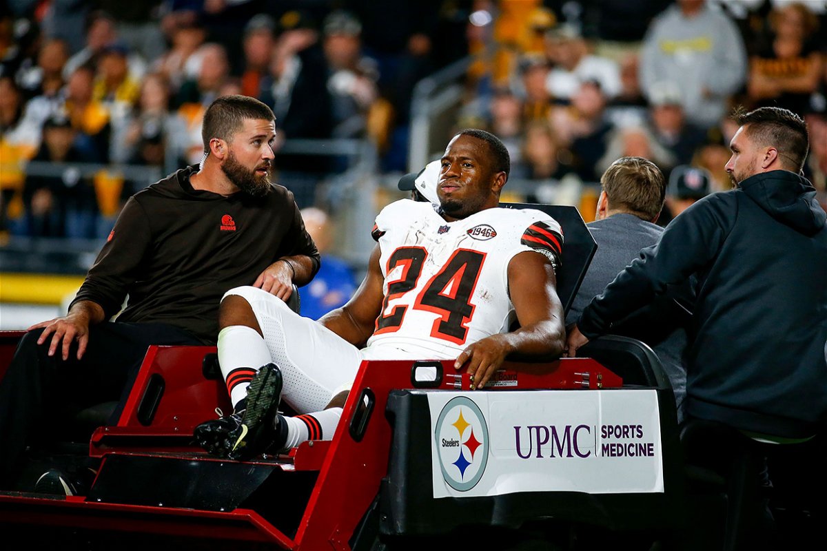 <i>Justin K. Aller/Getty Images</i><br/>Cleveland Browns running back Nick Chubb is carted off the field after sustaining a knee injury during the second quarter against the Pittsburgh Steelers at Acrisure Stadium on September 18 in Pittsburgh.