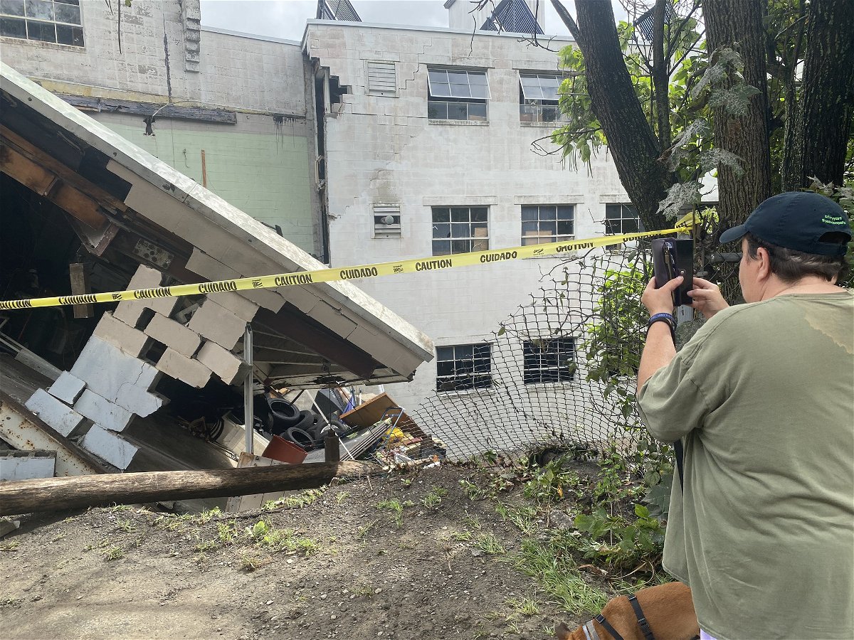 <i>@BienickWCVB/WCVB</i><br/>The Spruce St flea market in Leominster has partially collapsed and the upper floors are buckling.