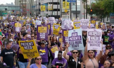 Frontline healthcare workers hold a demonstration on Labor Day outside Kaiser Permanente Los Angeles Medical Center in Hollywood in Los Angeles