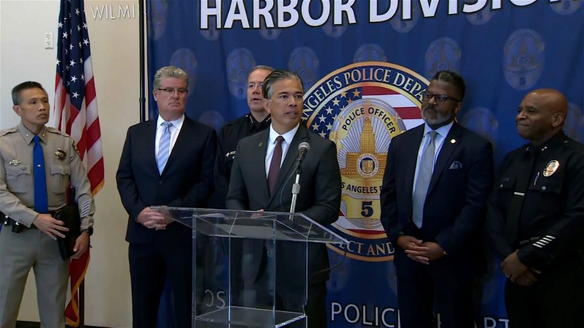 <i>KCAL/KCBS</i><br/>California Attorney General Rob Bonta speaks at a news conference in Los Angeles on October 2. Twenty-seven suspected gang members have been arrested as part of a months-long investigation in Los Angeles.