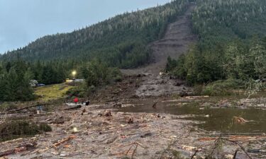 A helicopter arrives as that scene as search and rescue dogs and their handlers stand by on November 22.