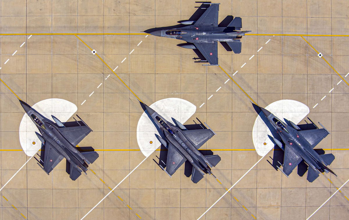 <i>Ali Atmaca/Anadolu Agency/Getty Images</i><br/>An aerial view of Turkish Air Force F-16 fighter aircrafts in Balikesir