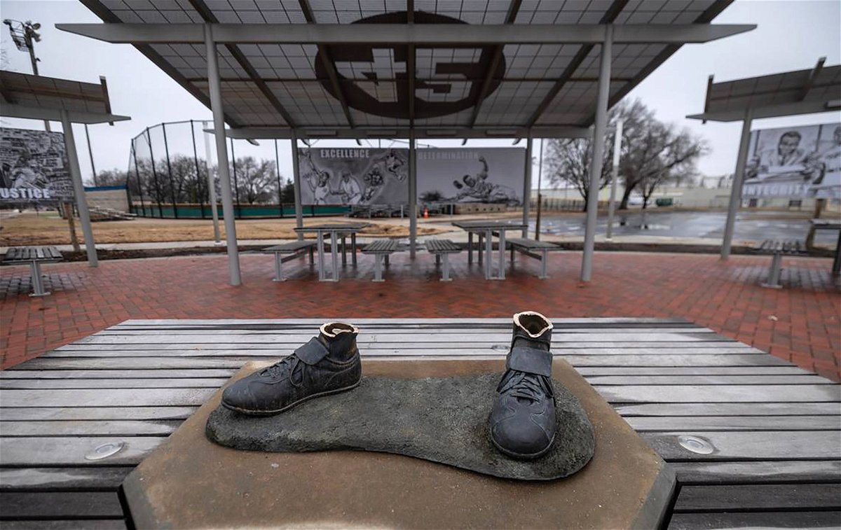 <i>Travis Heying/TNS/Zuma Press</i><br/>Only the feet remain after a statue of legendary baseball pioneer Jackie Robinson was stolen from the League 42 field in Wichita