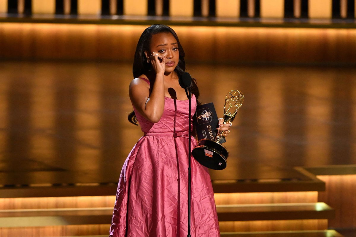 <i>Valerie Macon/AFP/Getty Images</i><br/>Quinta Brunson accepts her award onstage during the 75th Emmy Awards at the Peacock Theatre at L.A. Live in Los Angeles