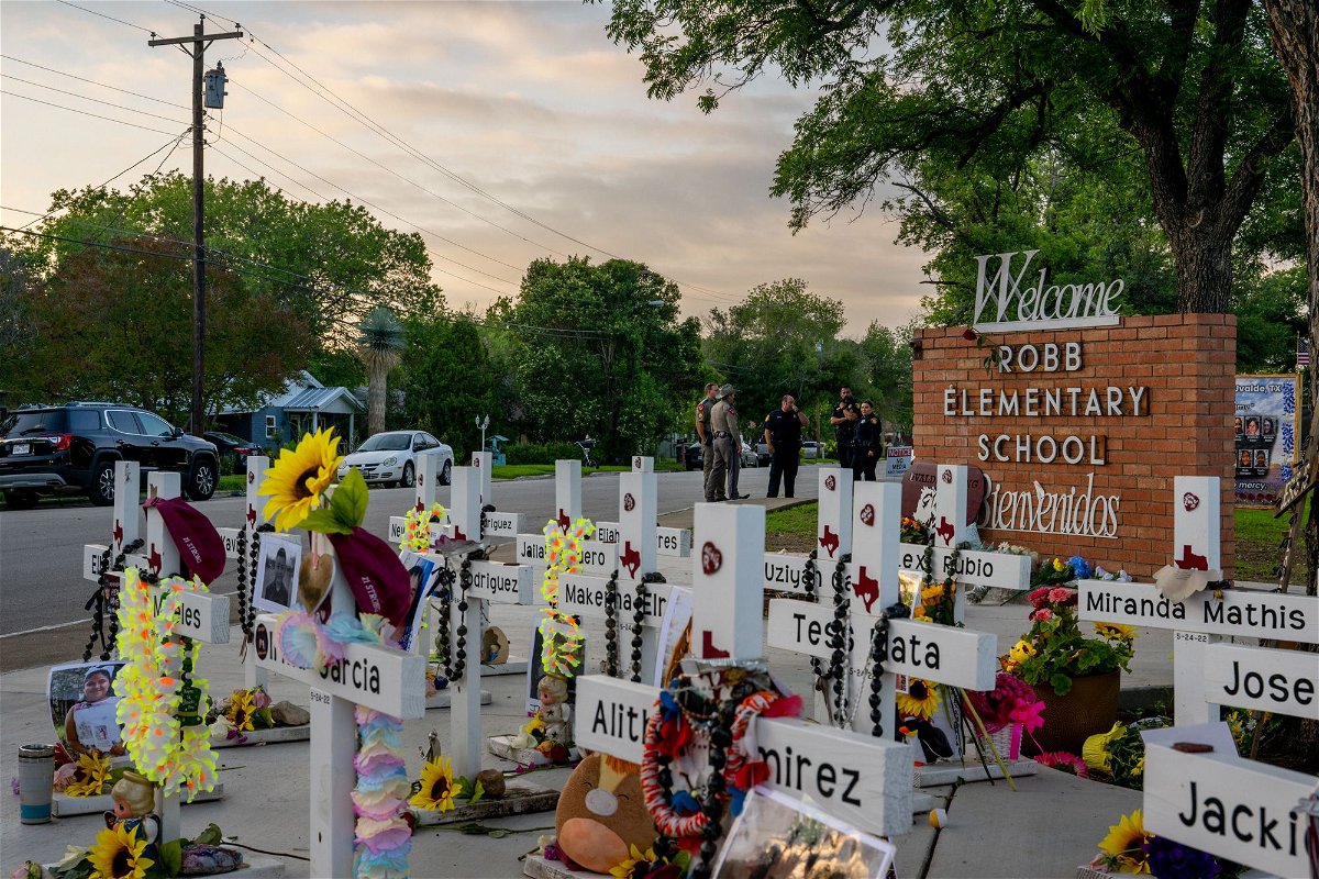<i>Brandon Bell/Getty Images</i><br/>A memorial for victims of the massacre at Robb Elementary School on August 24