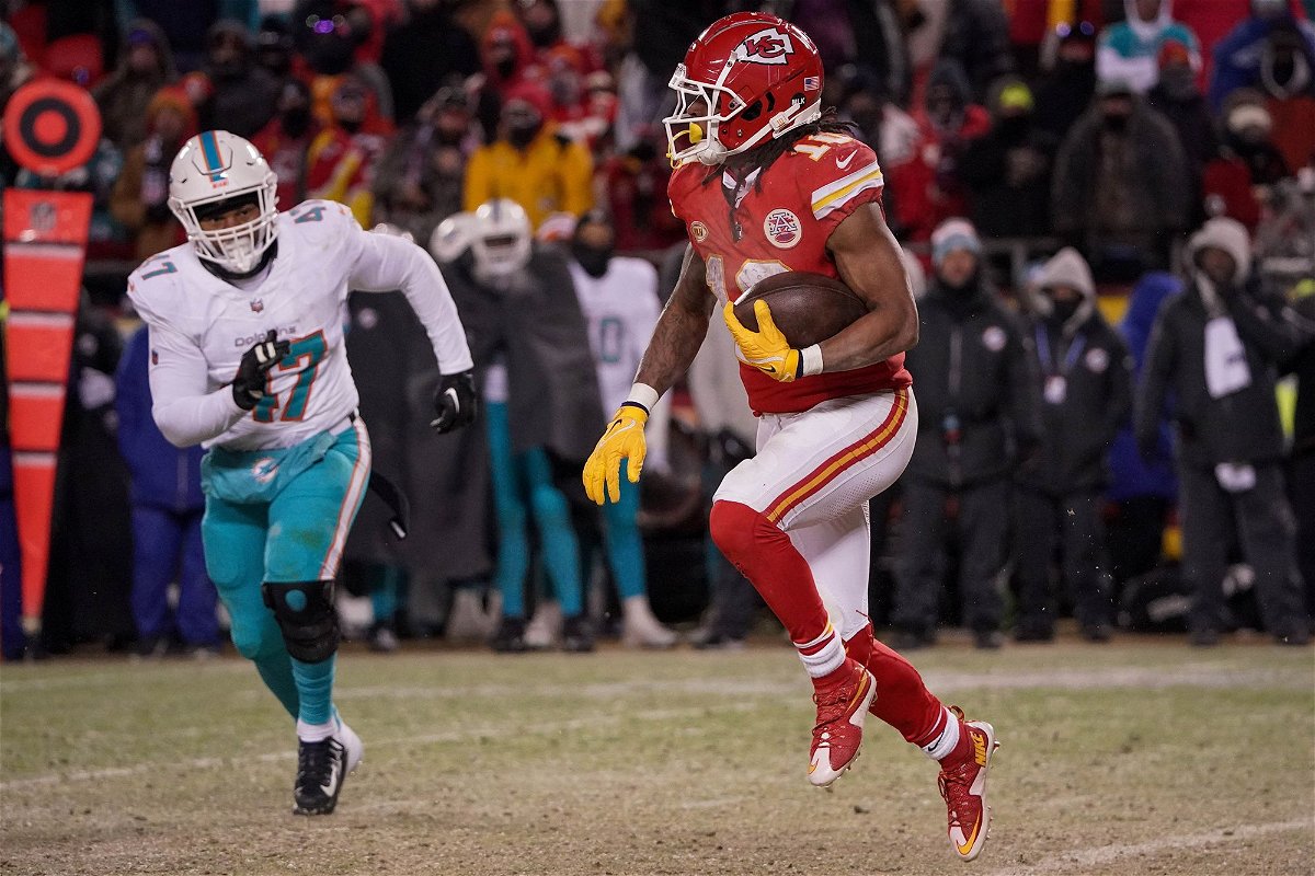 <i>Denny Medley-USA TODAY Sports/Reuters</i><br/>Kansas City Chiefs running back Isiah Pacheco (10) runs the ball as Miami Dolphins linebacker Malik Reed (47) chases in a 2024 AFC wild card game at GEHA Field at Arrowhead Stadium.
