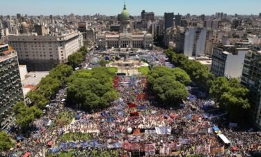 People rally outside Congress during a national strike against the economic and labor reforms proposed by Argentine President Javier Milei in Buenos Aires