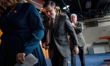 House Speaker Mike Johnson departs a news conference following the Republican conference meeting at the U.S. Capitol on January 17