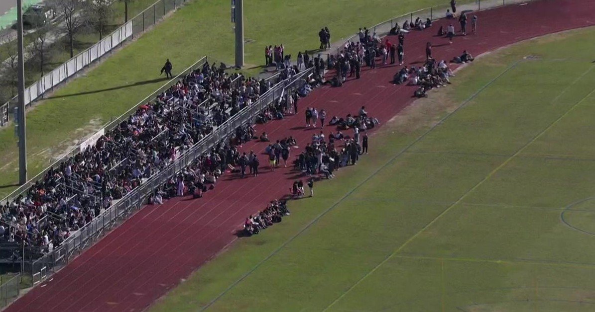 <i>WFOR via CNN Newsource</i><br/>Students at Marjory Stoneman Douglas High School were temporarily evacuated on February 28 due to a bomb threat.