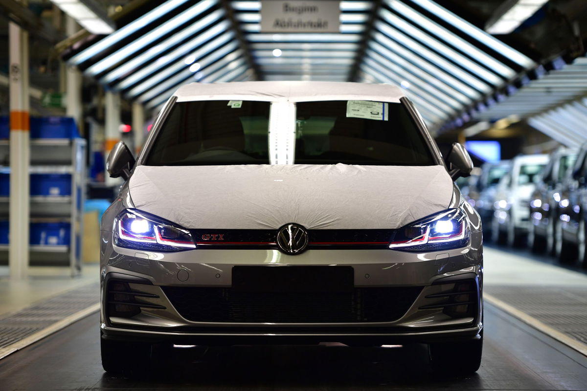 <i>Alexander Koerner/Getty Images via CNN Newsource</i><br/>A Volkswagen Golf GTI leaves the assembly line at a Volkswagen factory in 2018.