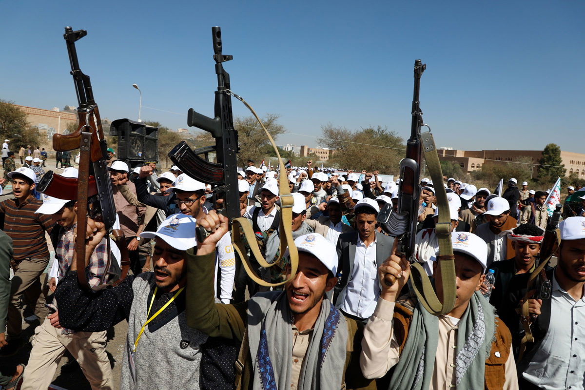 <i>Osamah Abdulrahman/AP via CNN Newsource</i><br/>Newly recruited Houthi fighters attend a protest march against the US-led strikes on Yemen and the Israeli war in the Gaza Strip on Wednesday