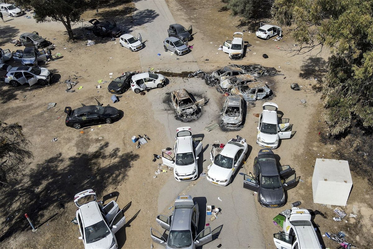 <i>Jack Guez/AFP/Getty Images</i><br/>An aerial picture shows abandoned and torched vehicles  after the October 7 attack.