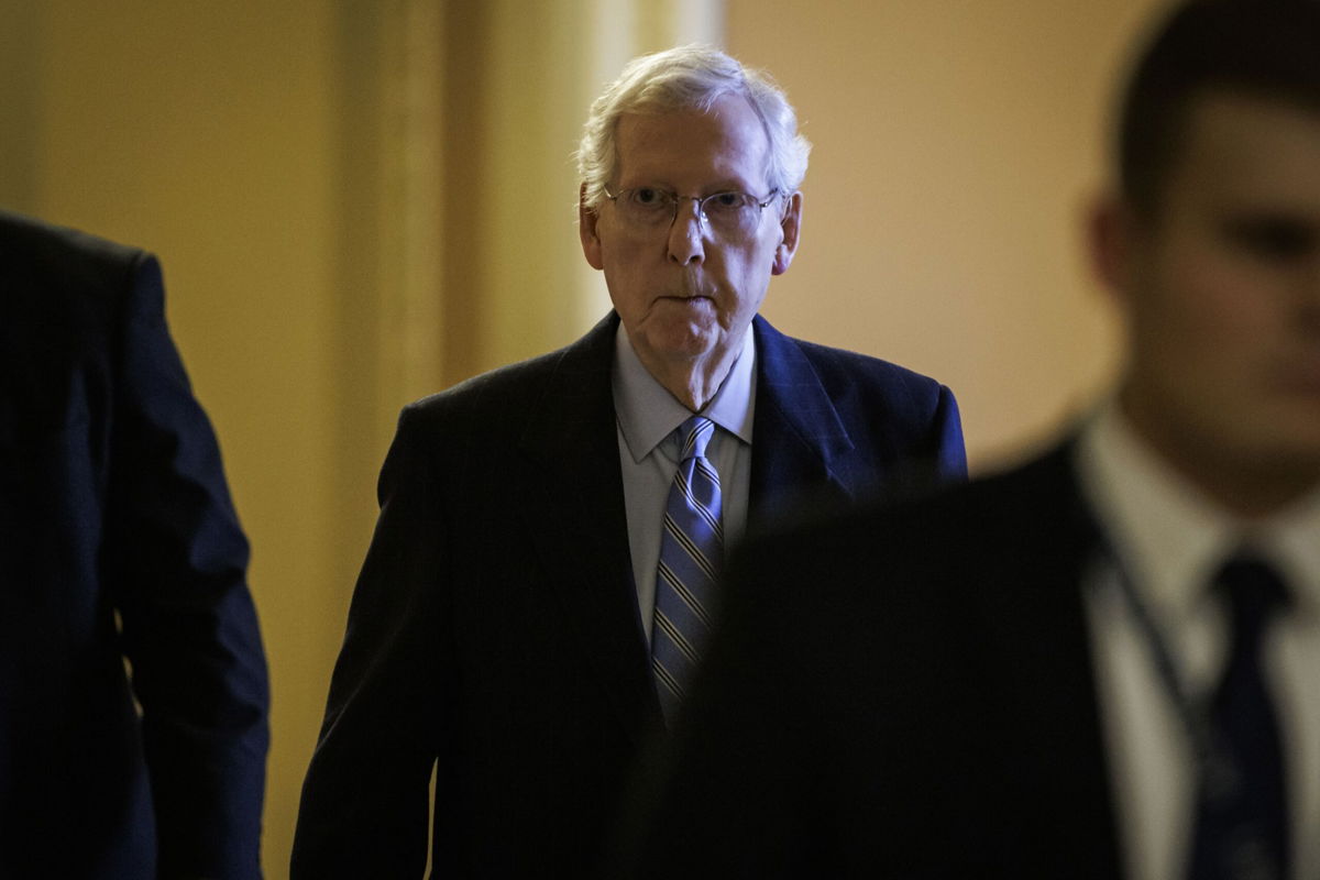 <i>Samuel Corum/Getty Images via CNN Newsource</i><br/>Senate Minority Leader Mitch McConnell (R-KY) heads to the floor of the Senate for a vote on Capitol Hill on February 11 in Washington