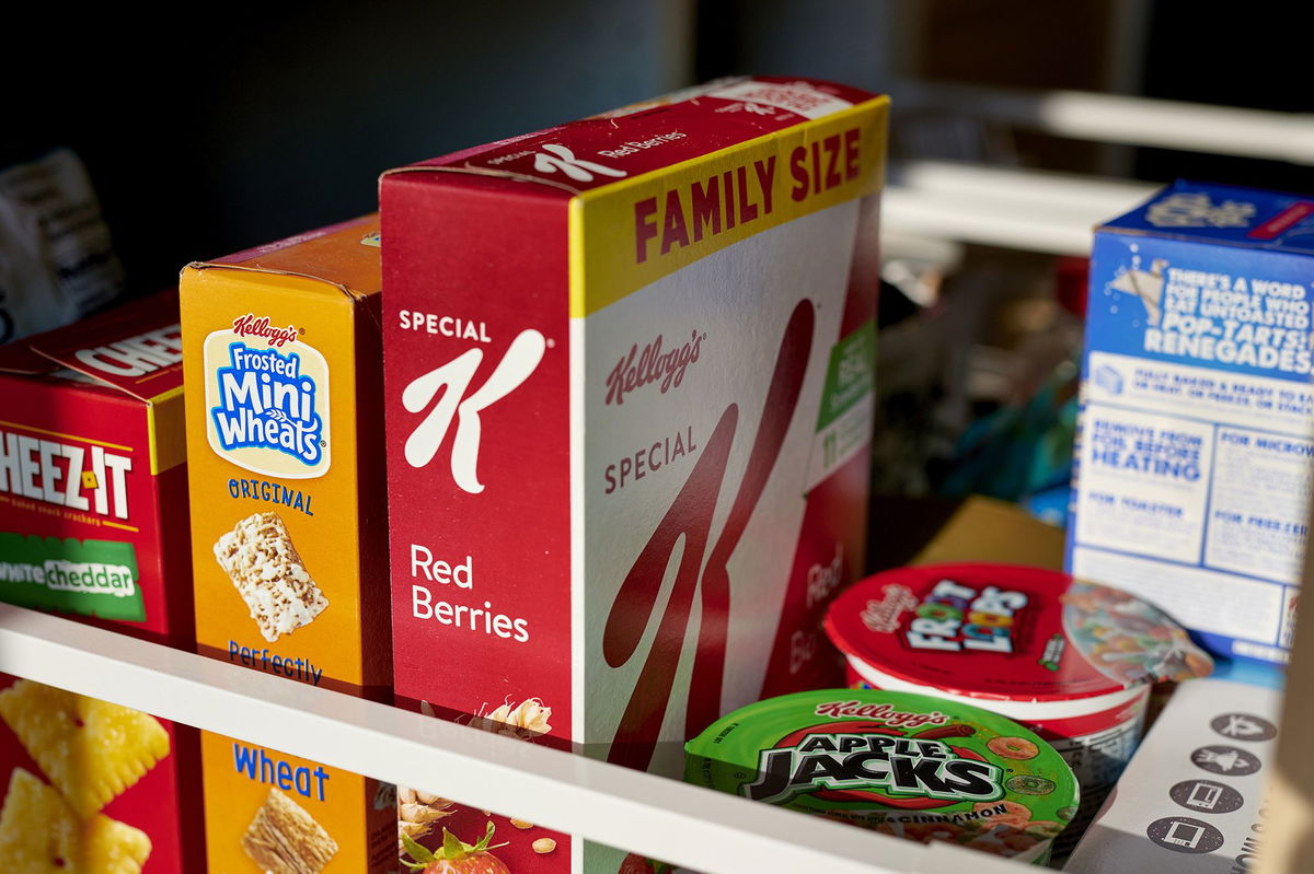 <i>Gabby Jones/Bloomberg/Getty Images via CNN Newsource</i><br/>Kellogg's Frosted Mini Wheats and Special K cereals arranged in Germantown