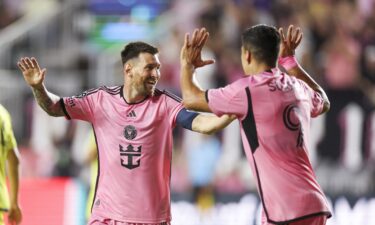 Lionel Messi and Luis Suárez celebrate after scoring Inter Miami's first goal.