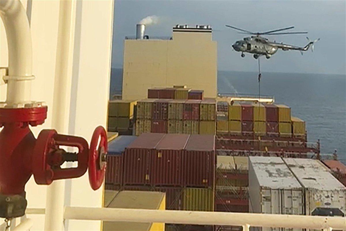 <i>AP via CNN Newsource</i><br/>A helicopter raid targeting a vessel near the Strait of Hormuz on April 13.