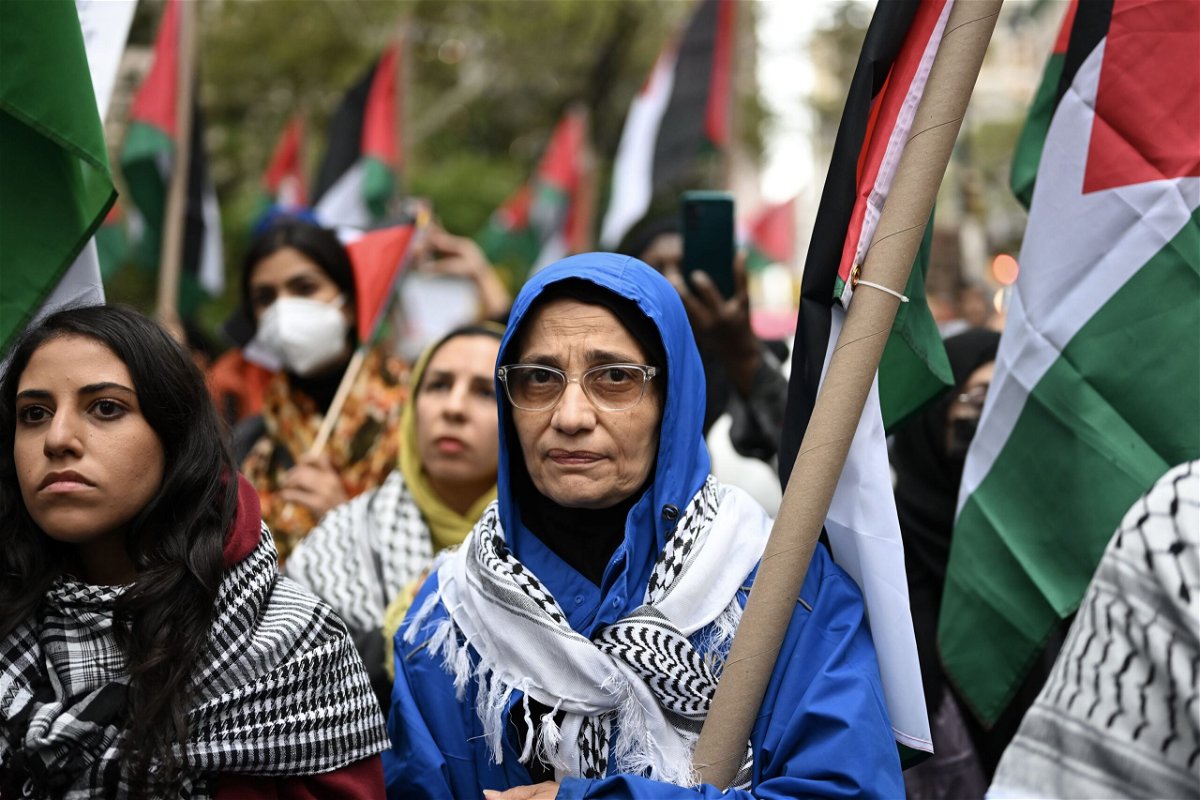 <i>Fatih Aktas/Anadolu/Getty Images via CNN Newsource</i><br/>Protesters holding banners and Palestinian flags gather in front of New York City Hall to stage a demonstration in support of Palestinians in October 2023.
