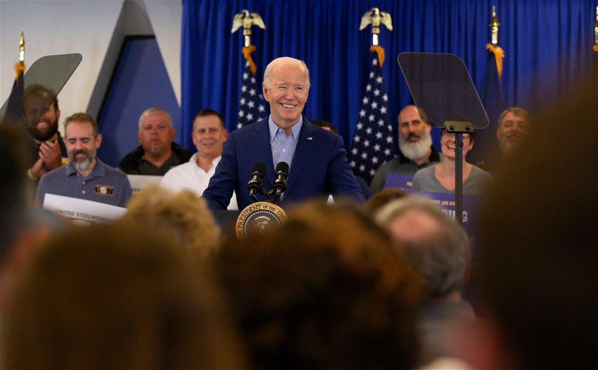 <i>Jeff Swensen/Getty Images via CNN Newsource</i><br/>President Joe Biden speaks to members of the United Steelworkers union in Pittsburgh on April 17.