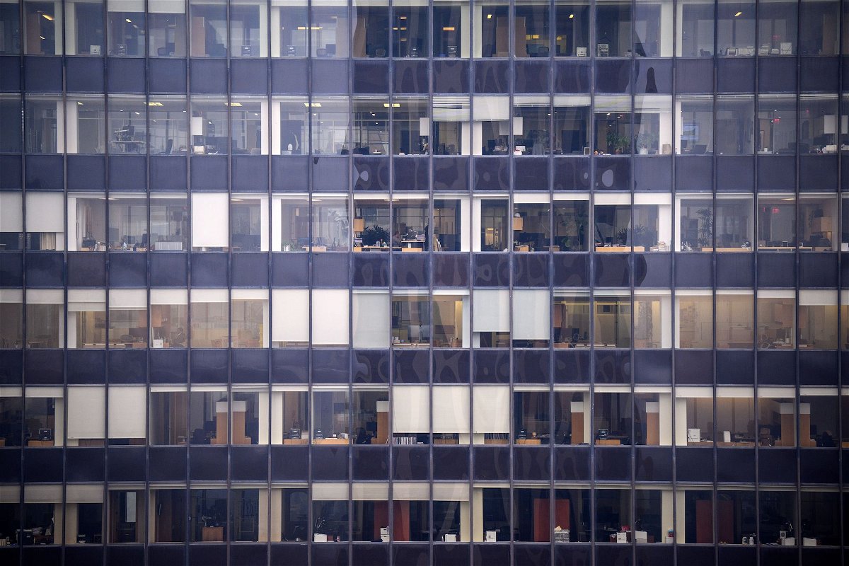 Offices in a high-rise building in Manhattan are seen here on February 23. The Employment Cost Index rose a seasonally adjusted 1.2% last quarter