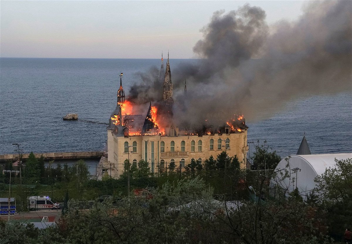 <i>Sergey Smolentsev/Reuters via CNN Newsource</i><br/>An educational institution known as 'Harry Potter castle' burns after a Russian missile strike in Odesa