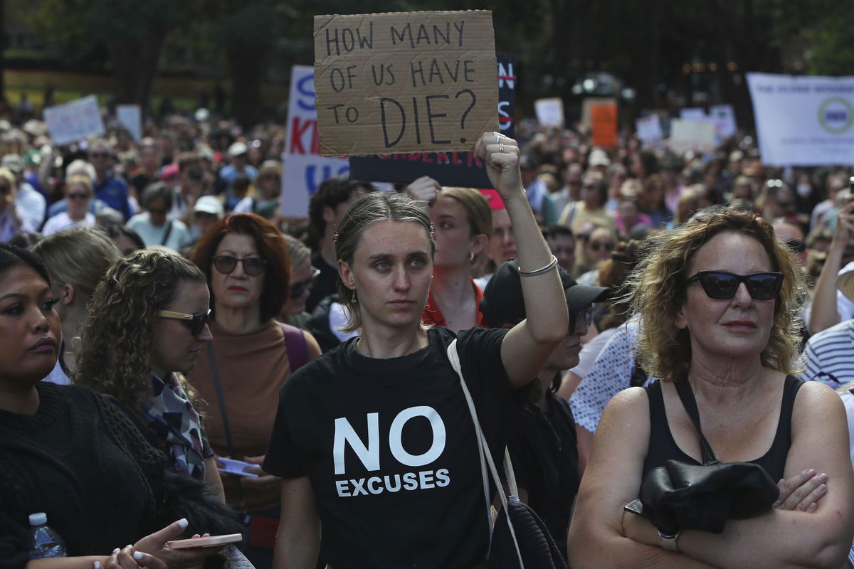 <i>Lisa Maree Williams/Getty Images via CNN Newsource</i><br/>Demonstrators take part in a national rally against violence against women in Sydney on April 27.