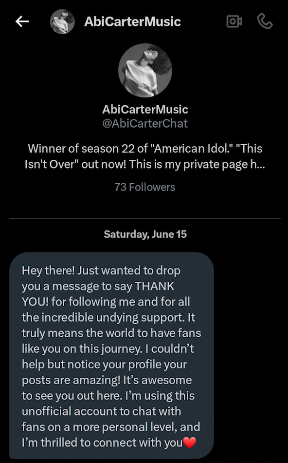 Screenshot of a scammer impersonating Abi Carter on social media platform X. 