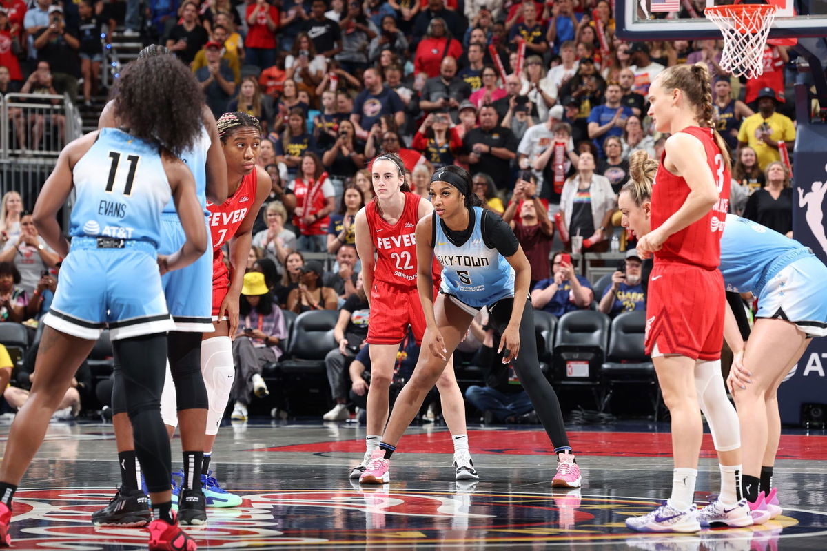 <i>Jeff Haynes/NBAE/Getty Images via CNN Newsource</i><br/>Angel Reese and Caitlin Clark met for the first time in their WNBA careers.