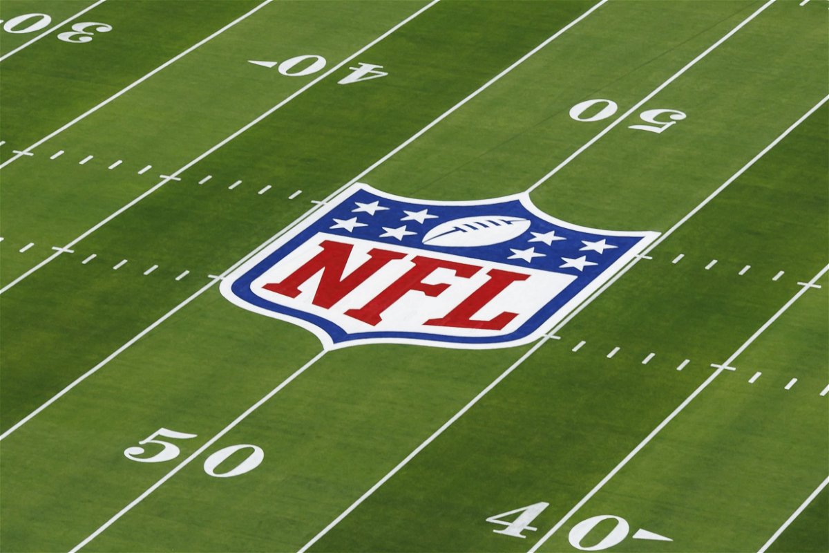 <i>Ryan Kang/Getty Images via CNN Newsource</i><br/>A detail view of the NFL shield logo painted on the field before the Super Bowl LVIII in February 2024 in Las Vegas.