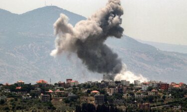 Smoke billows during Israeli bombardment on the village of Khiam in south Lebanon near the border with Israel on June 19