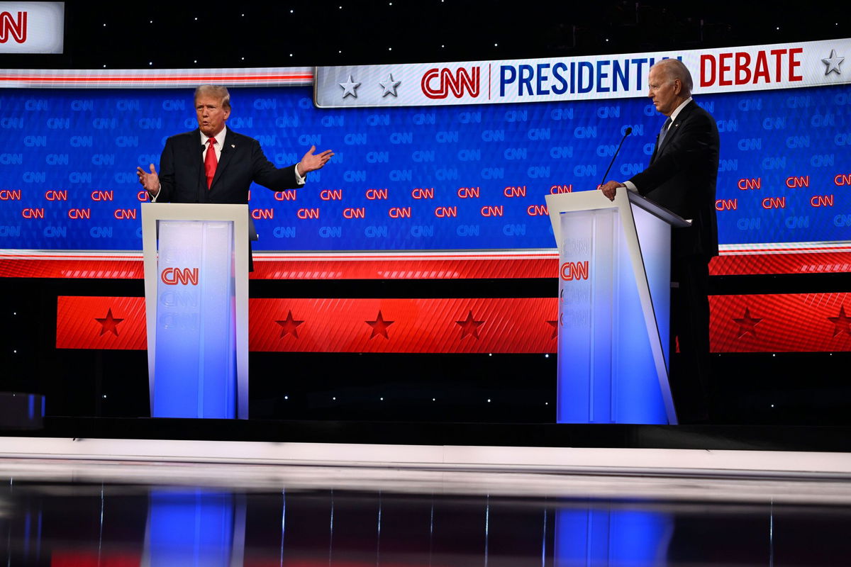 <i>Will Lanzoni/CNN via CNN Newsource</i><br/>Former President Donald Trump and President Joe Biden debate at CNN's Atlanta studios on June 27