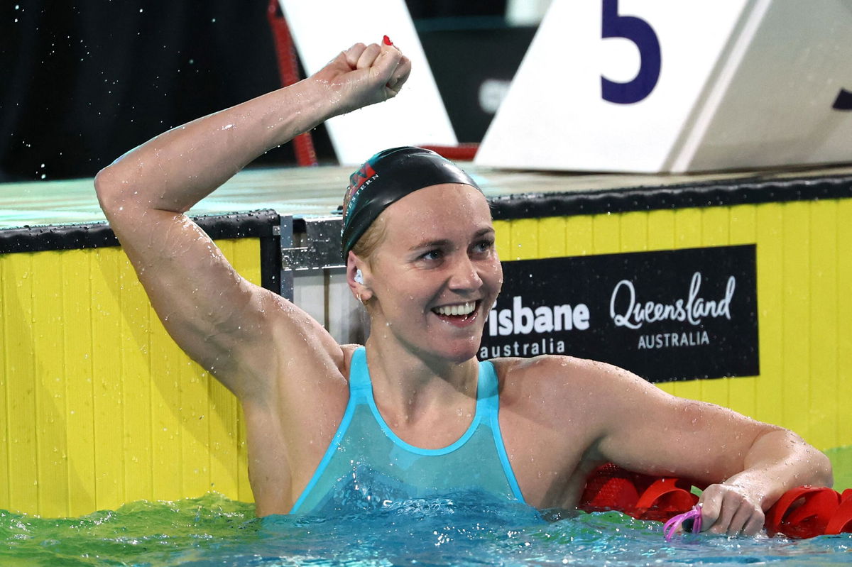 <i>David Gray/AFP/Getty Images via CNN Newsource</i><br/>Titmus reacts to setting a world record in the 200m freestyle.