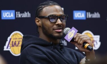 Bronny James speaks to reporters the week after being drafted by the Lakers.