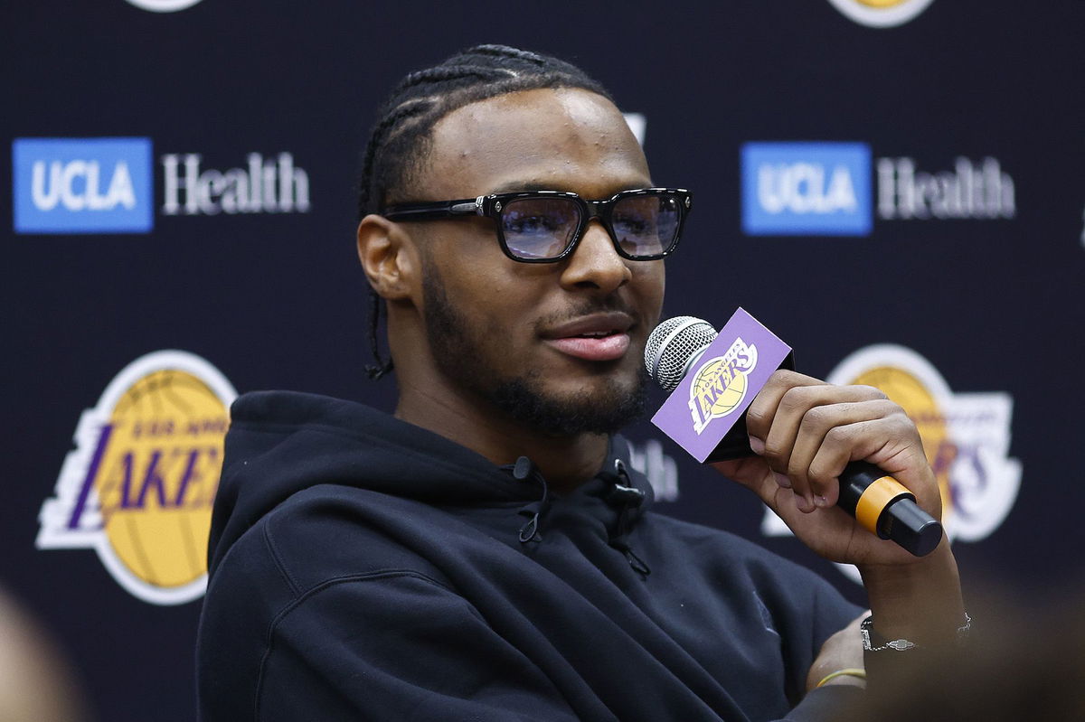 <i>Ronald Martinez/Getty Images via CNN Newsource</i><br/>Bronny James speaks to reporters the week after being drafted by the Lakers.