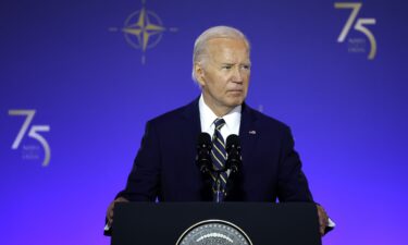 President Joe Biden delivers remarks during the NATO 75th anniversary celebratory event at the Andrew Mellon Auditorium on July 9