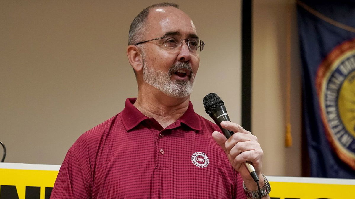 <i>Elijah Nouvelage/Getty Images/File via CNN Newsource</i><br/>United Auto Workers (UAW) President Shawn Fain speaks at a UAW vote watch party on April 19