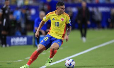 James Rodriguez controls the ball during the semifinal match against Uruguay.