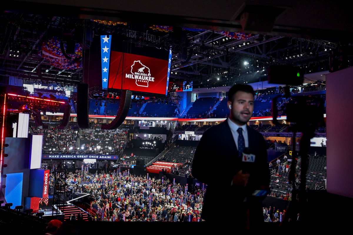 <i>Bernadette Tuazon/CNN via CNN Newsource</i><br/>A TV reporter at the scene of the Republican National Convention at Fiserv Forum in Milwaukee