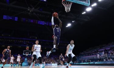 LeBron James goes to the basket in the men's group C game between Serbia and Team USA at the Pierre-Mauroy stadium in Villeneuve-d'Ascq