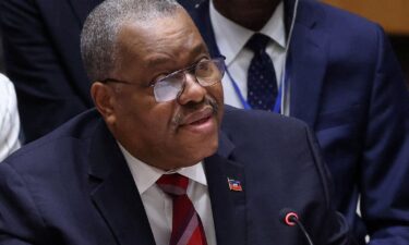 Haiti's Prime Minister Garry Conille speaks during a Security Council meeting at the UN headquarters in New York City