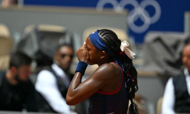 Coco Gauff reacts as a call goes against her at the Paris Olympics.