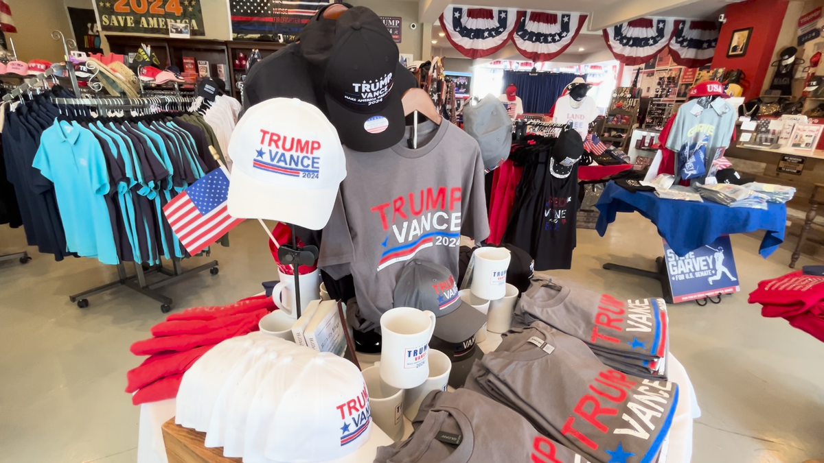 Trump-Vance campaign merchandise for sale on display at the Patriot Store