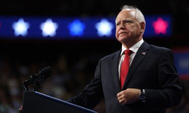 Minnesota Gov. Tim Walz speaks during a campaign rally at the University of Las Vegas Thomas & Mack Center on August 10 in Las Vegas