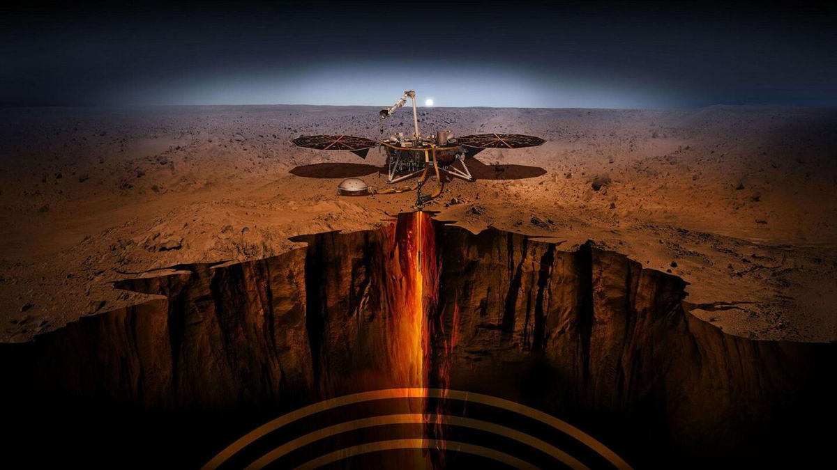 <i>NASA/JPL-Caltech/University of Maryland via CNN Newsource</i><br/>An artist's concept shows a cutaway of Mars along with the paths of seismic waves from two separate quakes detected by InSight in 2021.