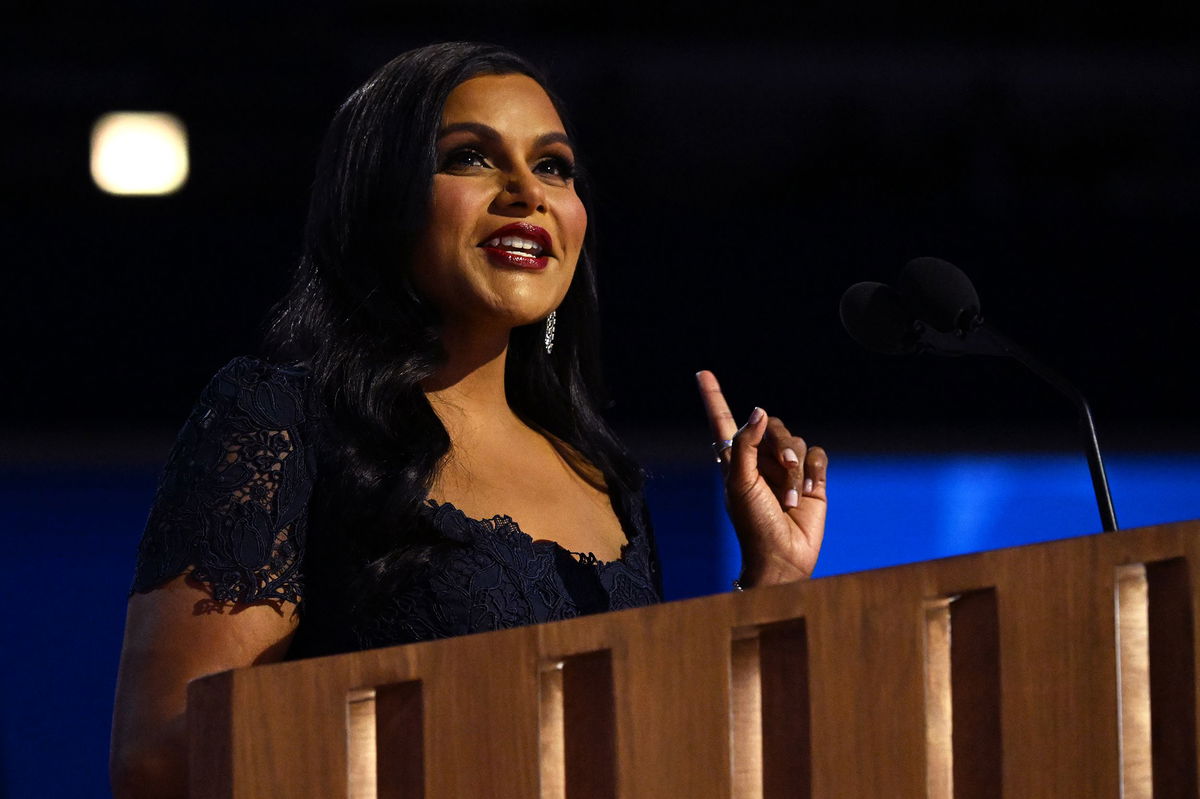 <i>Rebecca Wright/CNN via CNN Newsource</i><br/>Mindy Kaling speaks during the 2024 Democratic National Convention in Chicago on Wednesday