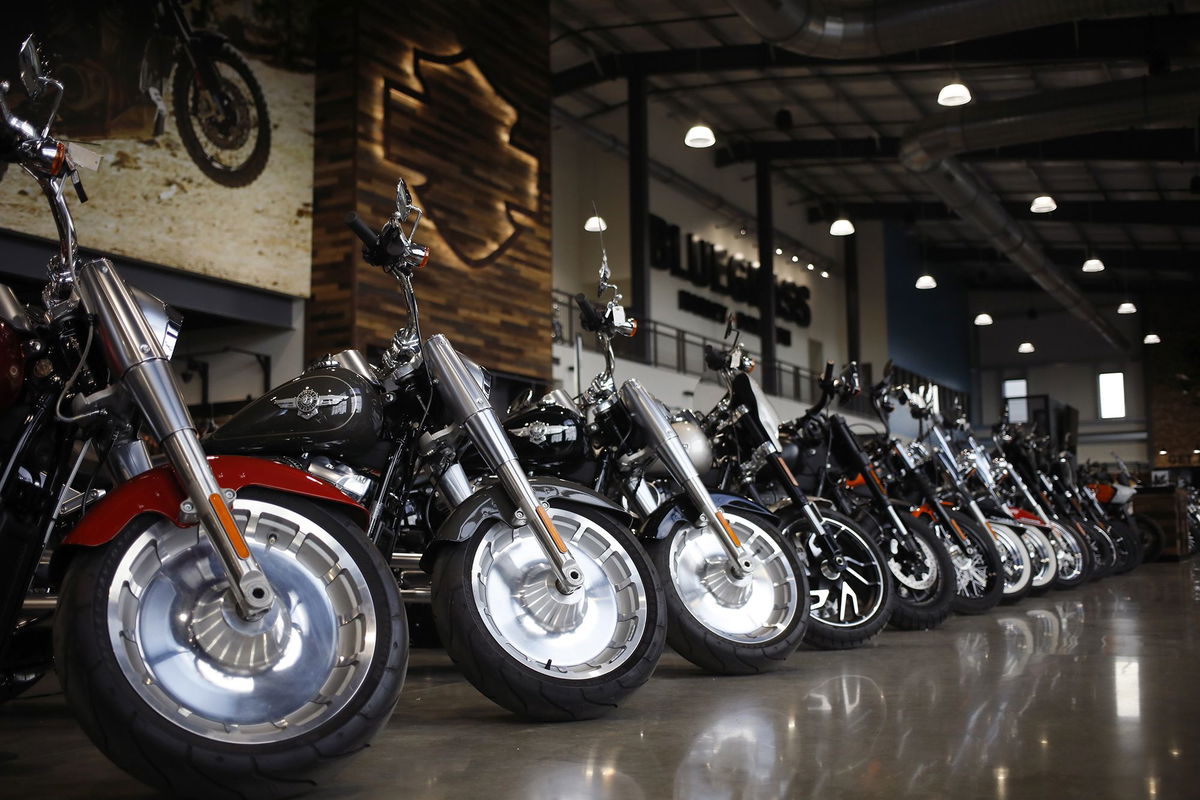 <i>Luke Sharrett/Bloomberg/Getty Images via CNN Newsource</i><br/>Motorcycles on the showroom floor at the Bluegrass Harley-Davidson dealership in Louisville