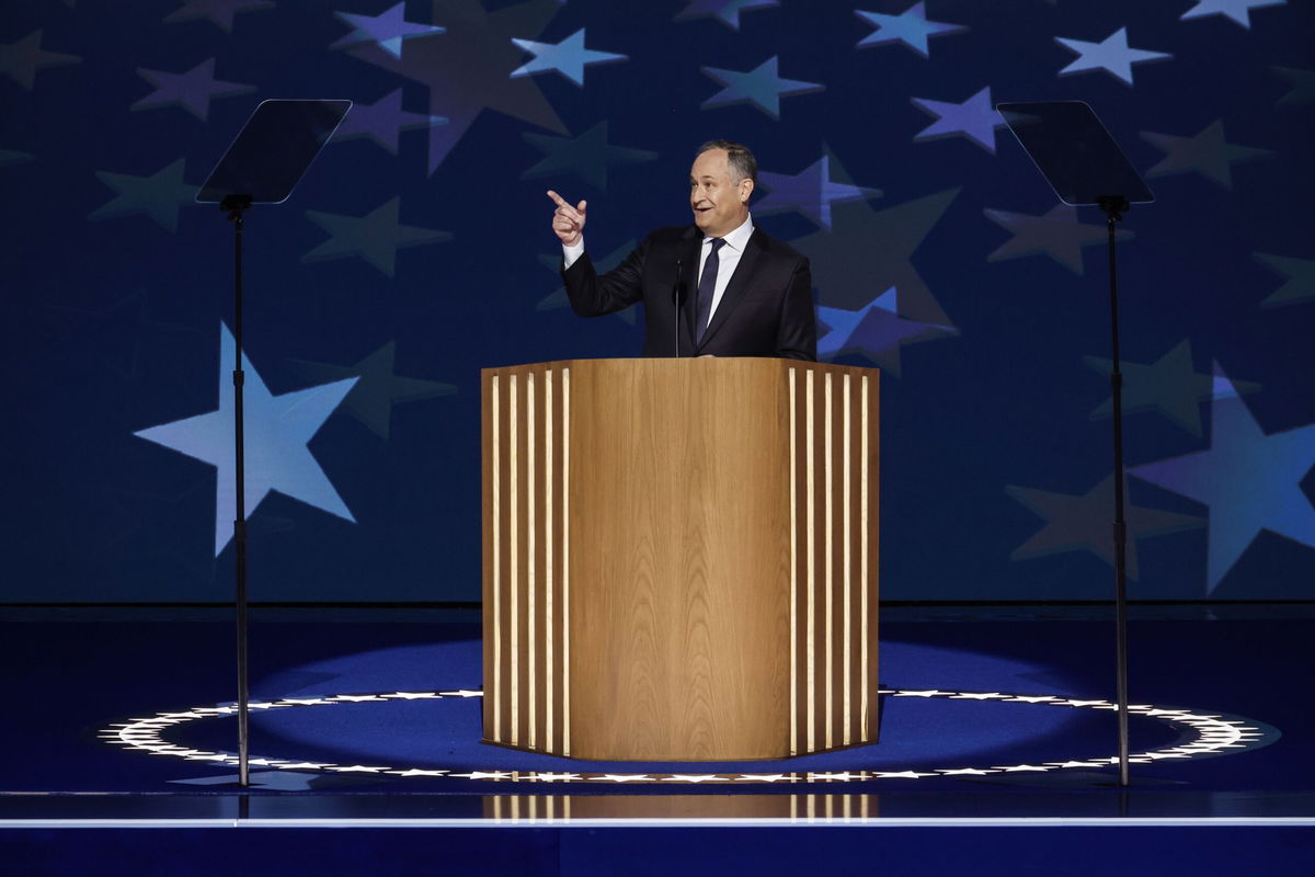 <i>Chip Somodevilla/Getty Images via CNN Newsource</i><br/>Second gentleman Doug Emhoff speaks at the Democratic National Convention in Chicago on August 20