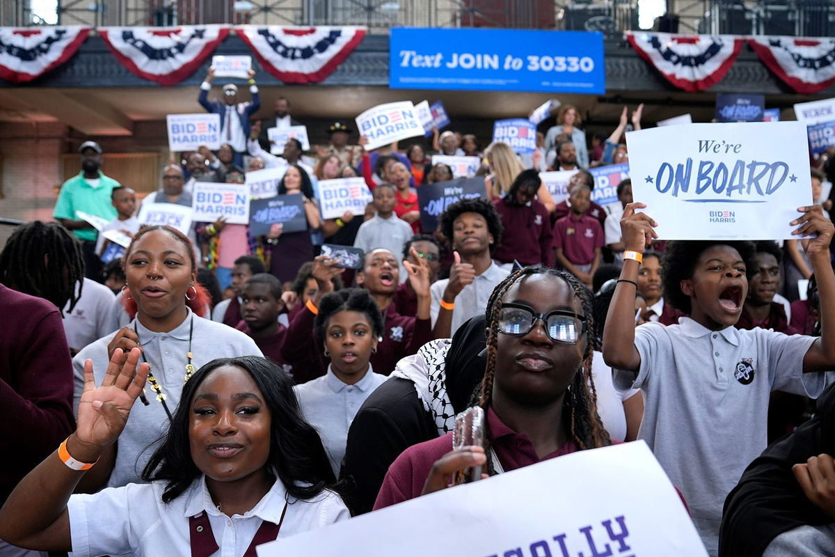 <i>Evan Vucci/AP via CNN Newsource</i><br/>Supporters listen as President Joe Biden speaks during a campaign event at Girard College in Philadelphia on May 29.