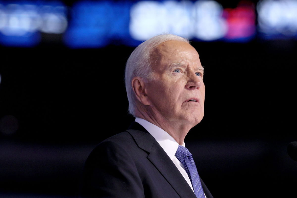 <i>Robert Gauthier/Los Angeles Times/Getty Images via CNN Newsource</i><br/>President Joe Biden speaks at the Democratic National Convention in Chicago on August 19