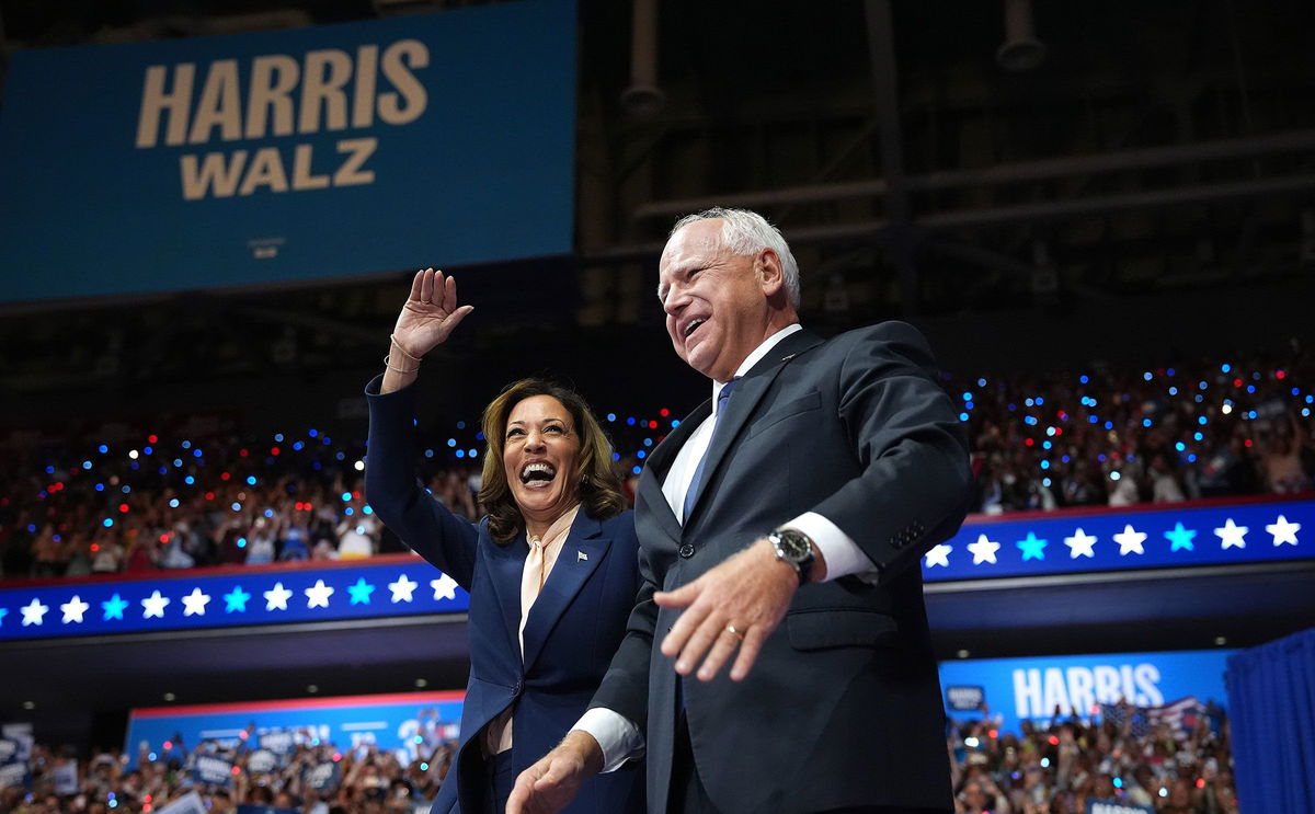 <i>Andrew Harnik/Getty Images via CNN Newsource</i><br/>Vice President Kamala Harris and Minnesota Gov. Tim Walz at the Liacouras Center at Temple University on August 6 in Philadelphia.