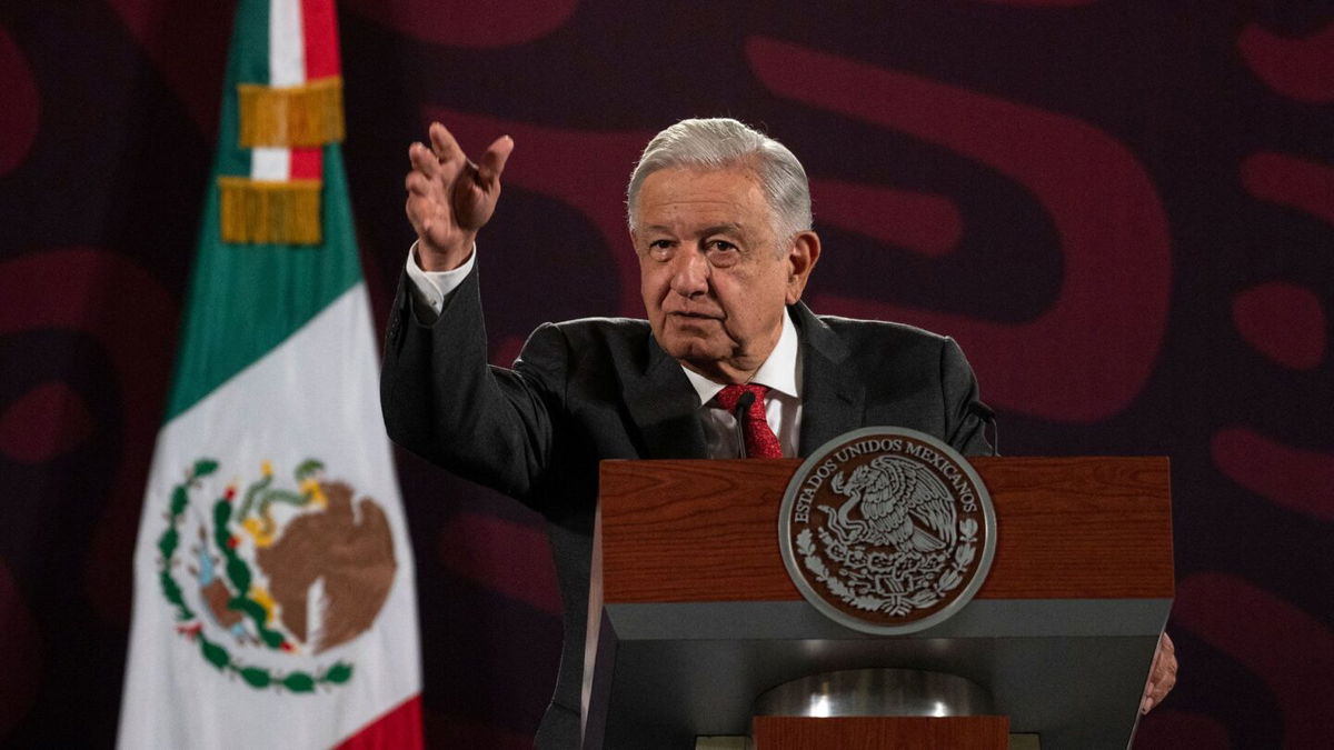 <i>Yuri Cortez/AFP/Getty Images via CNN Newsource</i><br/>Mexico's President Andres Manuel Lopez Obrador gestures during his daily press conference at the National Palace in Mexico City on August 23